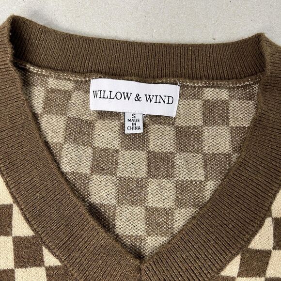 Willow & Wind Sweater Vest Womens Small Brown Beige Checkerboard V Neck Knit - Picture 4 of 7